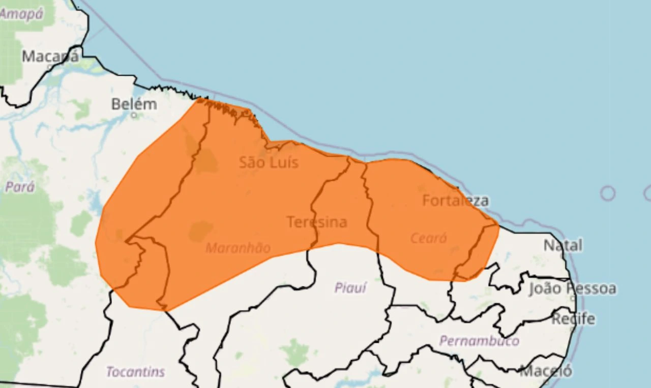 Trata-se de um alerta laranja para chuvas intensas em parte do Norte e Nordeste